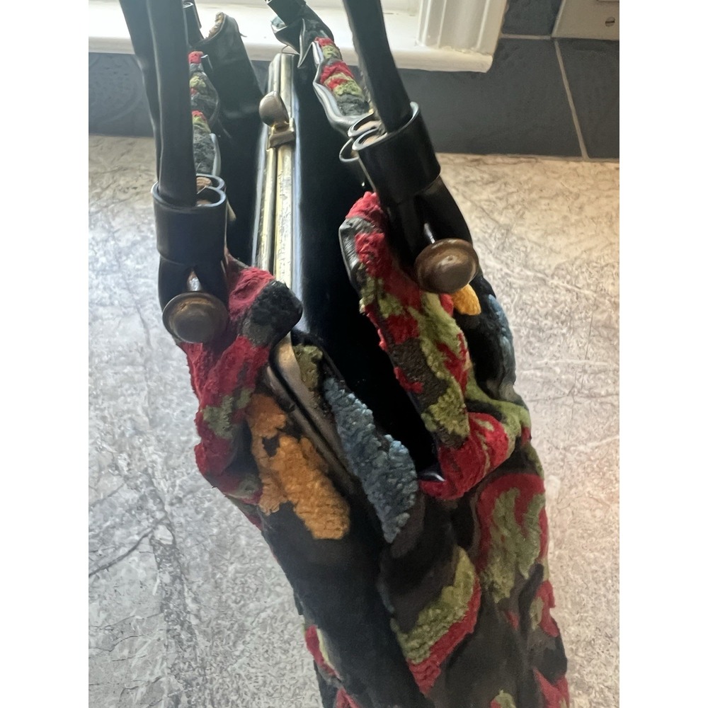 Vintage Floral Chenille Handbag Black Tapestry Carpet Bag Purse Double Handle - Picture 11 of 16